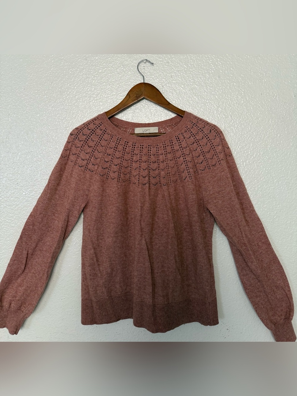 LOFT Dusty Rose Eyelet Yoke Sweater women’s size M 26%wool long sleeve